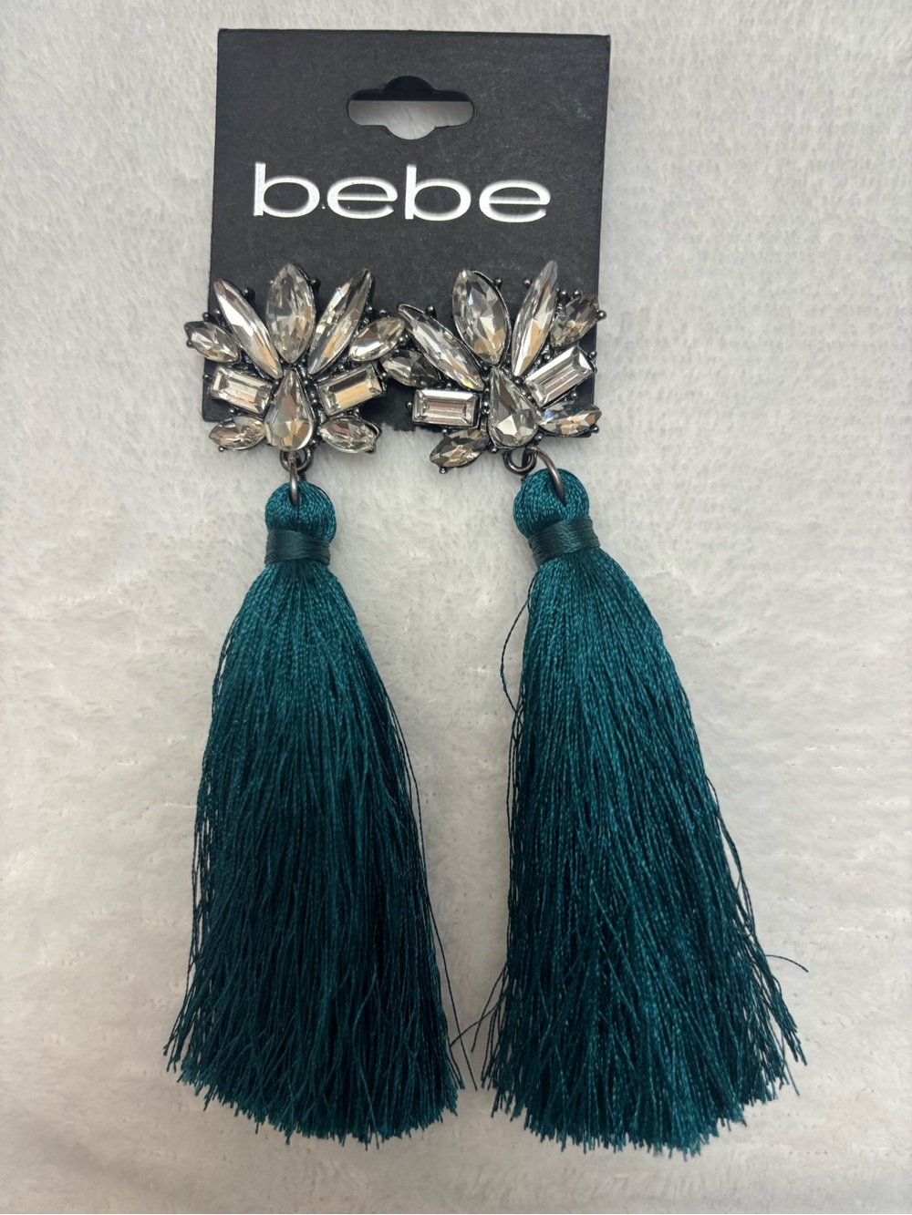 bebe Teal Tassel Drop Earrings with Clear Crystal Clusters
